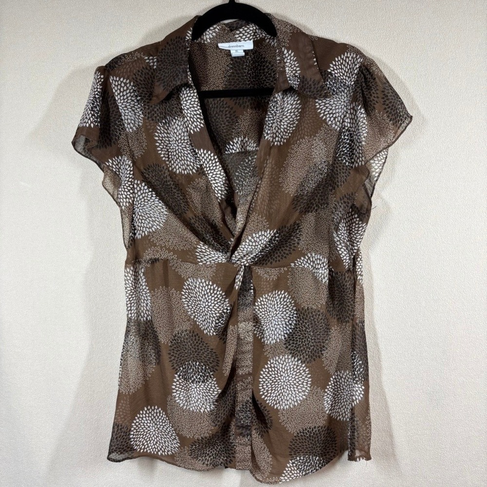 Dressbarn Women XL Brown Floral Twist Front Sheer Chiffon Top Indie Sleaze Layer